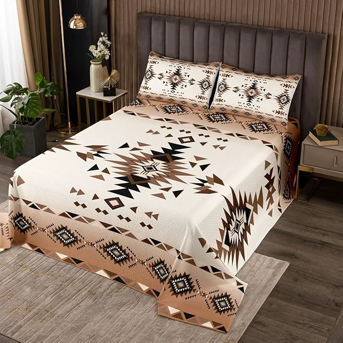 First-Class Geometric Aztec Kids Bedspread Queen Size Western Cowboy Arrow Rustic Farmhouse Coverlet Set Boys Girls Room Decor Southwest Boho Tribal Quilted Coverlet Brown Retro Bedding Quilt 2 Pillowcases Clean