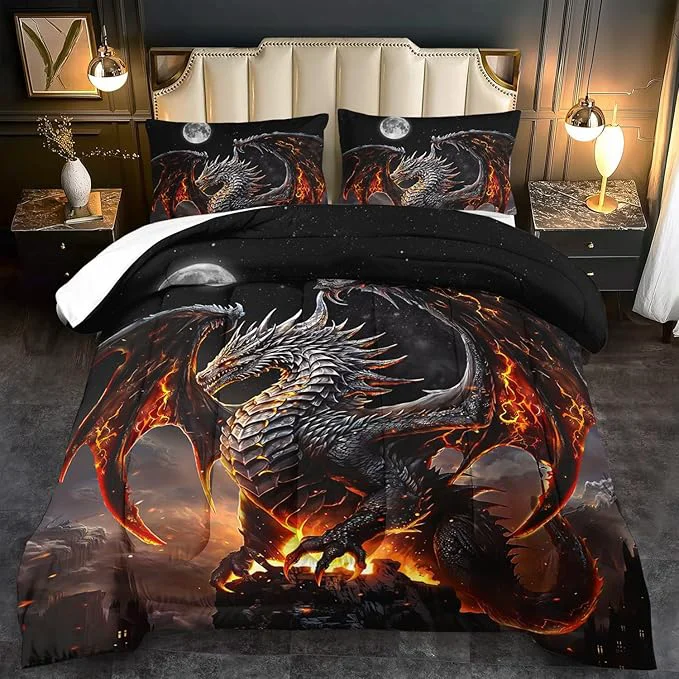Official Black Dragon Comforter Set Queen Adult Flame Dragon Bedding Set for Boys al Beast Bedding Fantasy Animal Comforter Beedroom Decor al Beast Quilt Bed Decor Original