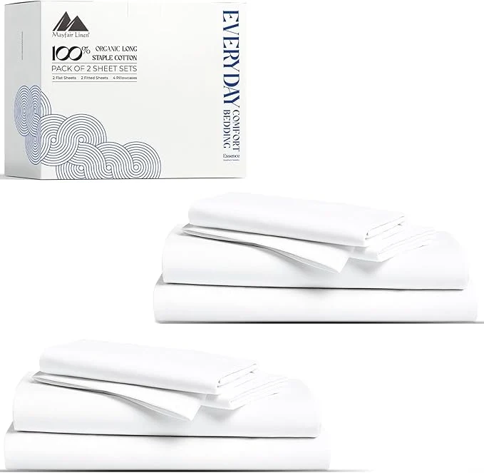 Versatile Mayfair Linen Organic Cotton Percale Sheets Twin XL Size Pack or 2 – Soft amp Crisp Organic Cotton Sheets Twin XL Size 6 PC White Dorm Room Essentials Low Pill Fade Resistant Percale Bed Sheet Modern