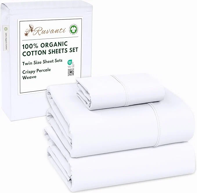 Clean RUVANTI Organic Cotton Sheets Twin Size Percale Weave GOTS 3-Piece Set Deep Pocket 15 quot Crisp amp Breathable Soft Durable Bedding Sábanas Algodón Orgánico – Bright White Sustainable
