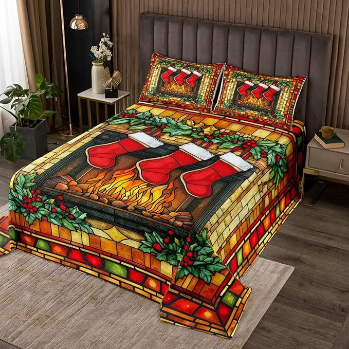 Breathable Christmas Stocking Kids Bedspread Queen Size Merry Christmas Poinsettia Flower Rustic Cabin Coverlet Set Boys Girls Room Decor Geometric Plaid Quilted Coverlet Red Xmas Bedding Quilt 2 Pillowcases Certified