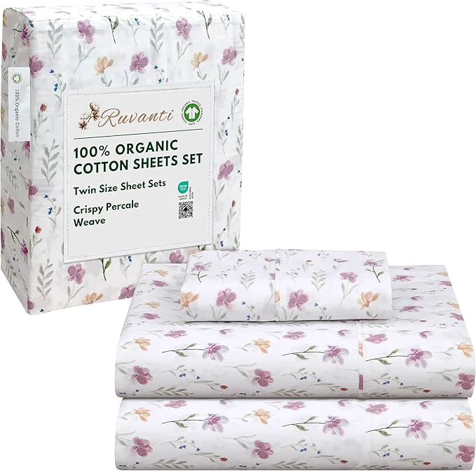 High-Grade RUVANTI Organic Cotton Sheets Twin Size Percale Weave GOTS 3-Piece Set Deep Pocket 15 quot Crisp amp Breathable Soft Durable Bedding Sábanas Algodón Orgánico – Obsessed Stems Top-Quality