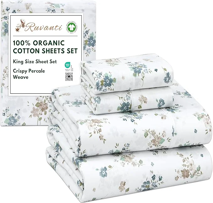 Convenient RUVANTI Organic Cotton Sheets King Size Percale Weave GOTS 4-Piece Set Deep Pocket 15 quot Crisp amp Breathable Soft Durable Bedding Sábanas Algodón Orgánico – Halcyon High-Performance