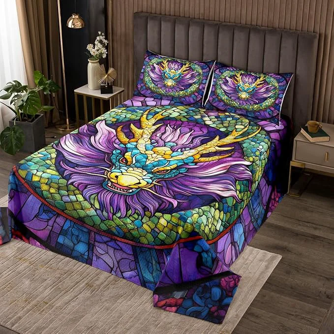 Proven Chinese Dragon Kids Bedspread King Size Dragon Scale Western Animals Coverlet Set Boys Girls Room Decor Geometric Patchwork Abstract Quilted Coverlet Blue Purple Gothic Bedding Quilt 2 Pillowcases Lightweight