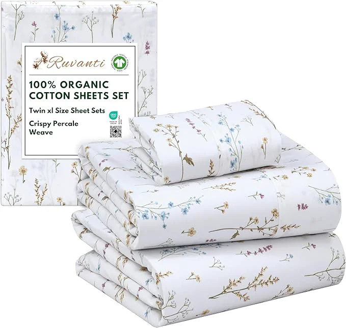 RUVANTI Organic Cotton Sheets Twin XL Percale Weave GOTS 3-Piece Set Deep Pocket 15 quot Crisp amp Breathable Soft Durable Bedding Sábanas Algodón Orgánico – Field Flower Trusted
