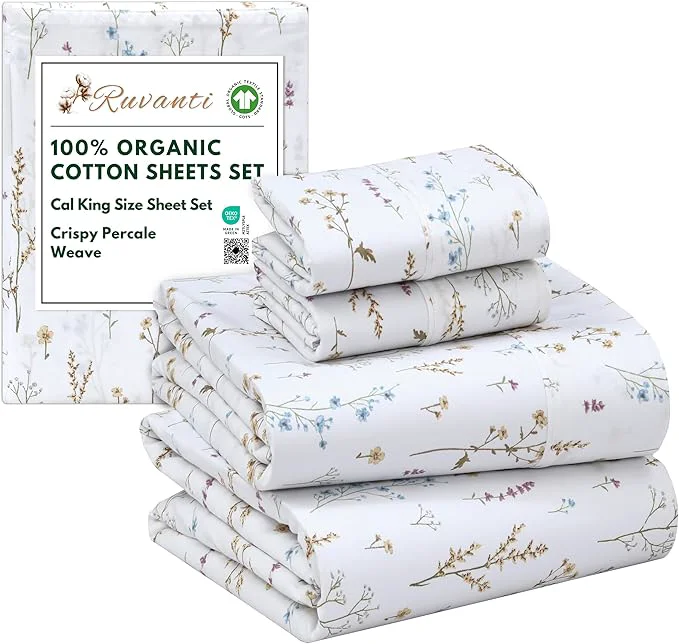 Fashionable RUVANTI Organic Cotton Sheets California King Percale Weave GOTS 4-Piece Set Deep Pocket 13 quot Crisp amp Breathable Soft Durable Bedding Sábanas Algodón Orgánico – Field Flower Next-Generation