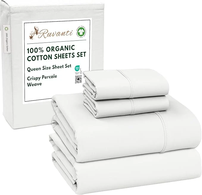 Healthy RUVANTI Organic Cotton Sheets Queen Size Percale Weave GOTS 4-Piece Set Deep Pocket 15 quot Crisp amp Breathable Soft Durable Bedding Sábanas Algodón Orgánico – Bit of Blue Pure