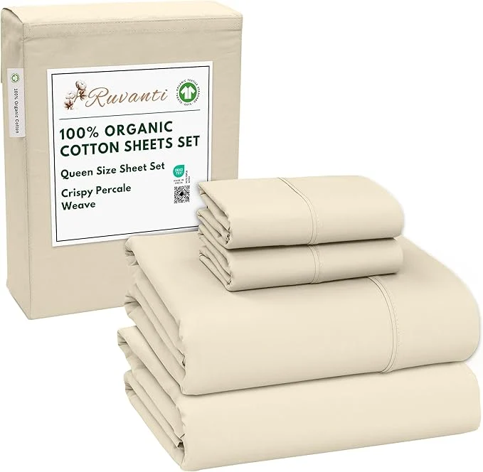 Luxury RUVANTI Organic Cotton Sheets Queen Size Percale Weave GOTS 4-Piece Set Deep Pocket 15 quot Crisp amp Breathable Soft Durable Bedding Sábanas Algodón Orgánico – Cloud Cream