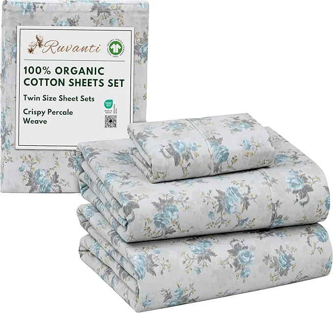 Pure RUVANTI Organic Cotton Sheets Twin Size Percale Weave GOTS 3-Piece Set Deep Pocket 15 quot Crisp amp Breathable Soft Durable Bedding Sábanas Algodón Orgánico – Blue Rose Practical