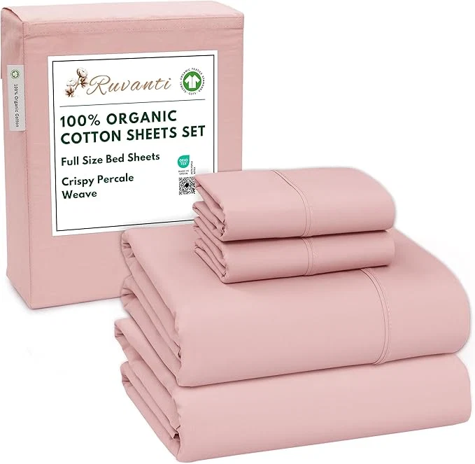 Versatile RUVANTI Organic Cotton Sheets Full Size Percale Weave GOTS 4-Piece Set Deep Pocket 15 quot Crisp amp Breathable Soft Durable Bedding Sábanas Algodón Orgánico – Peach Skin Comfortable
