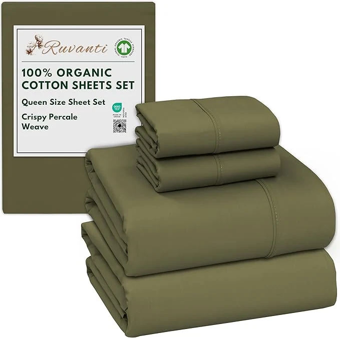 Optimized RUVANTI Organic Cotton Sheets Queen Size Percale Weave GOTS 4-Piece Set Deep Pocket 15 quot Crisp amp Breathable Soft Durable Bedding Sábanas Algodón Orgánico – Olive Sustainable