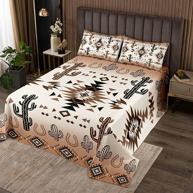 Flexible Manfei Geometric Aztec Kids Bedspread Twin Size Horseshoe Cactus Rustic Cottage Coverlet Set Boys Girls Room Decor Southwest Western Cowboy Tribal Quilted Coverlet Retro Bedding Quilt 1 Pillowcase First-Class