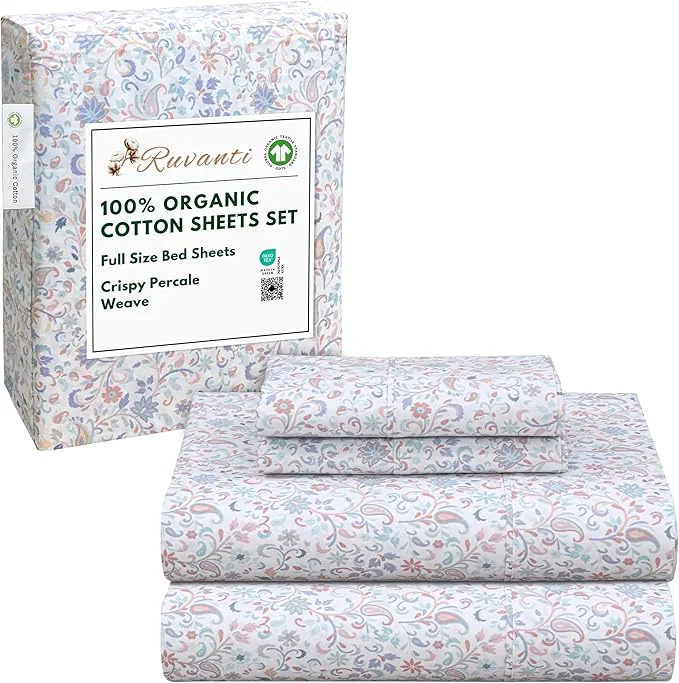 Solid RUVANTI Organic Cotton Sheets Full Size Percale Weave GOTS 4-Piece Set Deep Pocket 15 quot Crisp amp Breathable Soft Durable Bedding Sábanas Algodón Orgánico – Multi Paisley Artisan