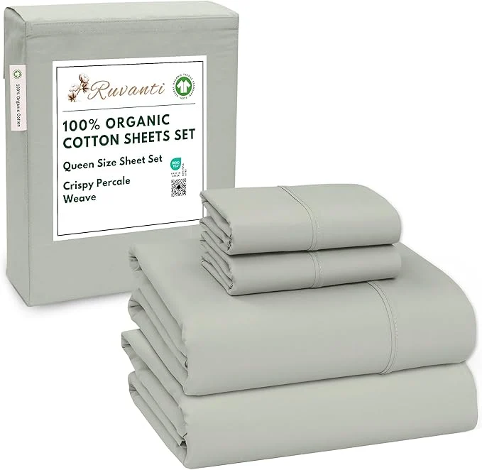 Pure RUVANTI Organic Cotton Sheets Queen Size Percale Weave GOTS 4-Piece Set Deep Pocket 15 quot Crisp amp Breathable Soft Durable Bedding Sábanas Algodón Orgánico – Mineral Gray Practical