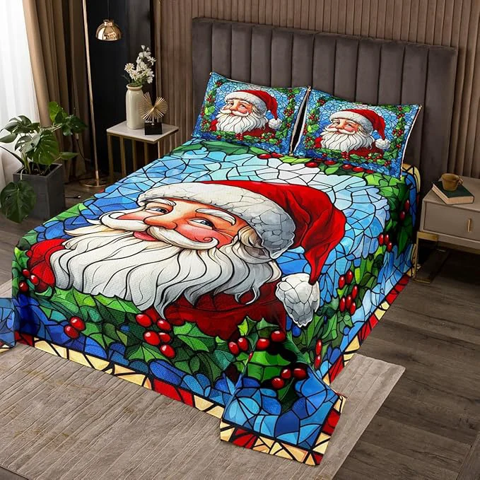 Functional Santa Claus Kid Bedspread King Size Merry Christmas Happy New Year Western Holiday Coverlet Set Boys Girls Room Decor Poinsettia Flower Geometric Quilted Coverlet Xmas Bedding Quilt 2 Pillowcases Powerful