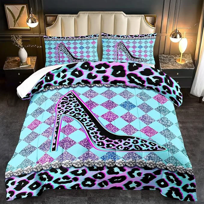 Effective Rainbow Cheetah Print Comforter Set Full Girls Sexy High Heels Leopard Print Bedding Set Women High Heels Leopard Comforter Quilt Bedroom Decor Animal Cheetah Bedding Bed Decor Sustainable
