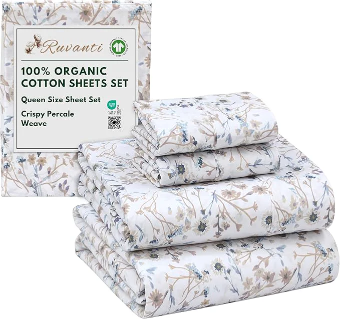 Genuine RUVANTI Organic Cotton Sheets Queen Size Percale Weave GOTS 4-Piece Set Deep Pocket 15 quot Crisp amp Breathable Soft Durable Bedding Sábanas Algodón Orgánico – Tranquil Secure