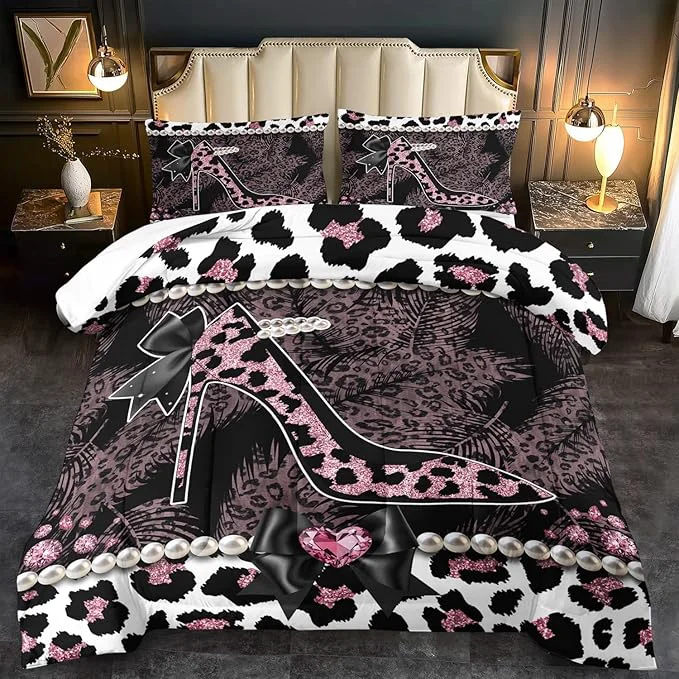 Superior Sexy High Heels Leopard Print Comforter Set Full GirlsRed Cheetah Print Bedding Set Women High Heels Leopard Comforter Animal Quilt Bedroom Decor Cheetah Bedding Bed Decor Solid
