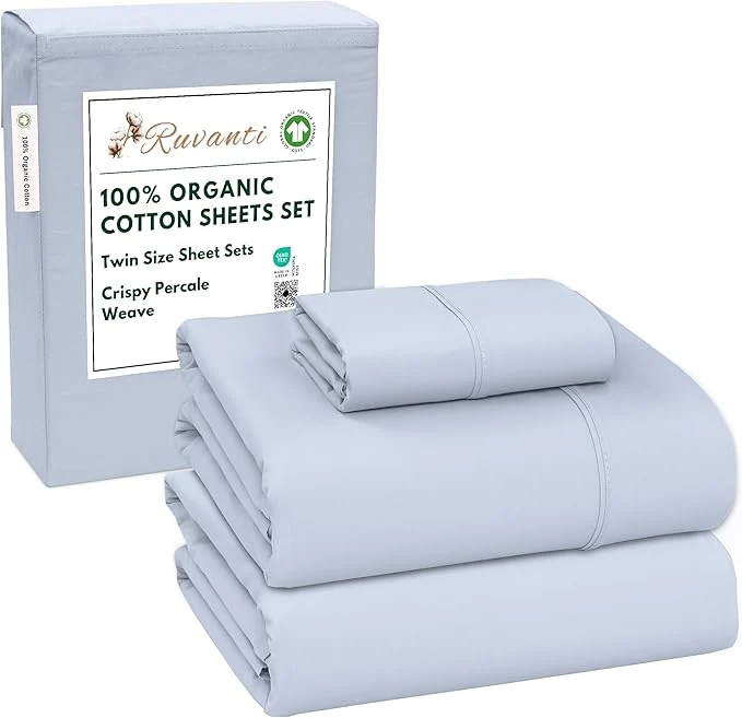 Eco-Friendly RUVANTI Organic Cotton Sheets Twin Size Percale Weave GOTS 3-Piece Set Deep Pocket 15 quot Crisp amp Breathable Soft Durable Bedding Sábanas Algodón Orgánico – Arctic Ice Selected