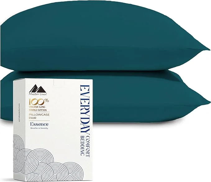 Casual Mayfair Linen Organic Cotton Percale Pillow Cases Queen Standard Size Set of 2 – Percale Pillowcovers Standard Queen Teal Soft Cooling Pillow Case for Sleeping Cotton Pillowcases Fine Crafted