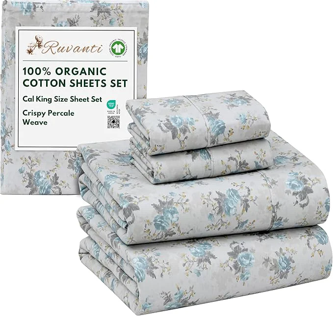 RUVANTI Organic Cotton Sheets California King Percale Weave GOTS 4-Piece Set Deep Pocket 13 quot Crisp amp Breathable Soft Durable Bedding Sábanas Algodón Orgánico – Blue Rose Modern