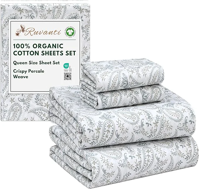 Fast RUVANTI Organic Cotton Sheets Queen Size Percale Weave GOTS 4-Piece Set Deep Pocket 15 quot Crisp amp Breathable Soft Durable Bedding Sábanas Algodón Orgánico – Ornate Oasis User-Friendly