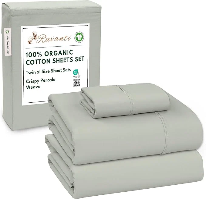 Comfortable RUVANTI Organic Cotton Sheets Twin XL Percale Weave GOTS 3-Piece Set Deep Pocket 15 quot Crisp amp Breathable Soft Durable Bedding Sábanas Algodón Orgánico – Mineral Gray Classic