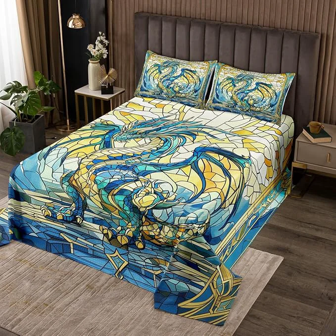 Sustainable Manfei Western Dragon Kids Bedspread Twin Size Glass Dragon Flying Wing Trippy Coverlet Set Boys Girls Room Decor Geometric Patchwork Abstract Quilted Coverlet Blue Unique Bedding Quilt 1 Pillowcase Crafted