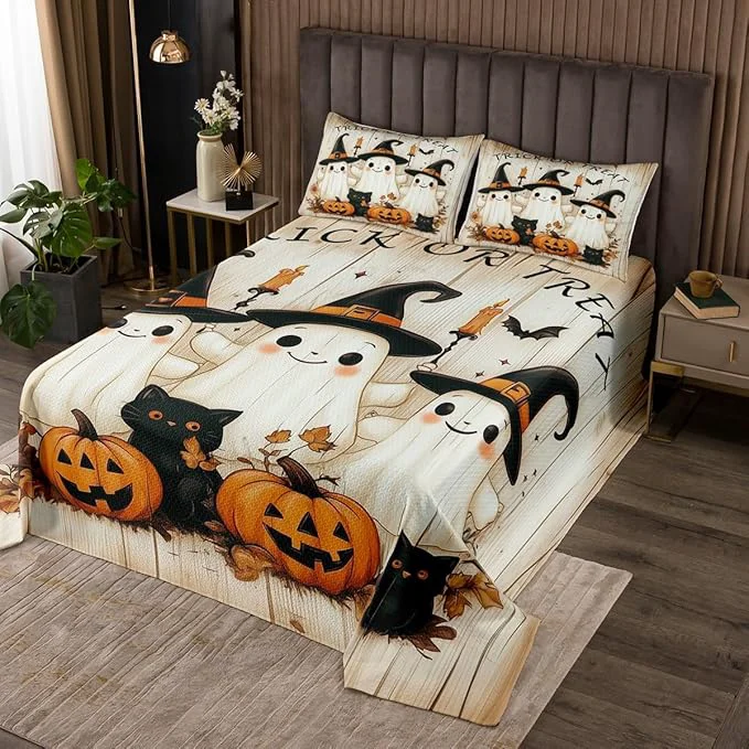High-End Cartoon Ghost Kids Bedspread King Size Pumpkin Black Cat Happy Halloween Coverlet Set Boys Girls Room Decor Maple Wooden Plank Rustic Farmhouse Quilted Coverlet Retro Bedding Quilt 2 Pillowcases Fine