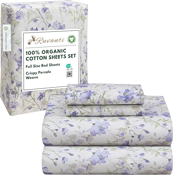 Clean RUVANTI Organic Cotton Sheets Full Size Percale Weave GOTS 4-Piece Set Deep Pocket 15 quot Crisp amp Breathable Soft Durable Bedding Sábanas Algodón Orgánico – Heather Powerful