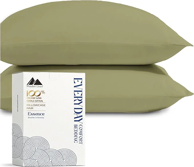 Crafted Mayfair Linen Organic Cotton King Size Pillow Cases Set of 2 – Soft Hotel Quality Covers for King Size Pillows Sage Green GOTS Crisp Cooling Percale Cotton Pillowcases Luxury