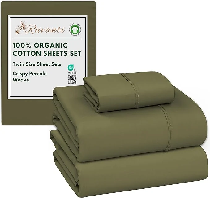 RUVANTI Organic Cotton Sheets Twin Size Percale Weave GOTS 3-Piece Set Deep Pocket 15 quot Crisp amp Breathable Soft Durable Bedding Sábanas Algodón Orgánico – Olive Optimized