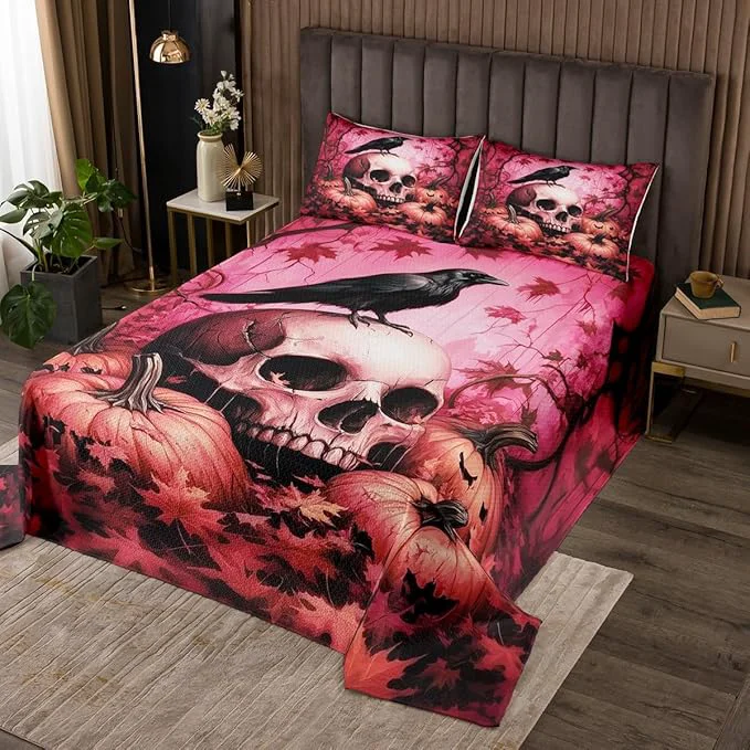 Specialty Happy Halloween Kid Bedspread Queen Size Human Skeleton Skull Crow Maple Leaves Coverlet Set Boys Girls Room Decor Thanksgiving Day Pumpkin Quilted Coverlet Gothic Pink Bedding Quilt 2 Pillowcases Exceptional