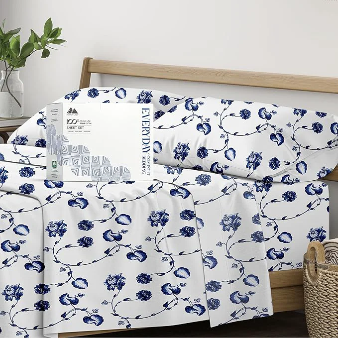 Excellent Mayfair Linen Organic Cotton Printed Sheets Queen Size – Percale Weave Cotton Queen Size Sheet Set 4 PC Floral Blue Soft amp Crisp GOTS Cooling Sheets 16 quot Deep Pocket Carefully Designed