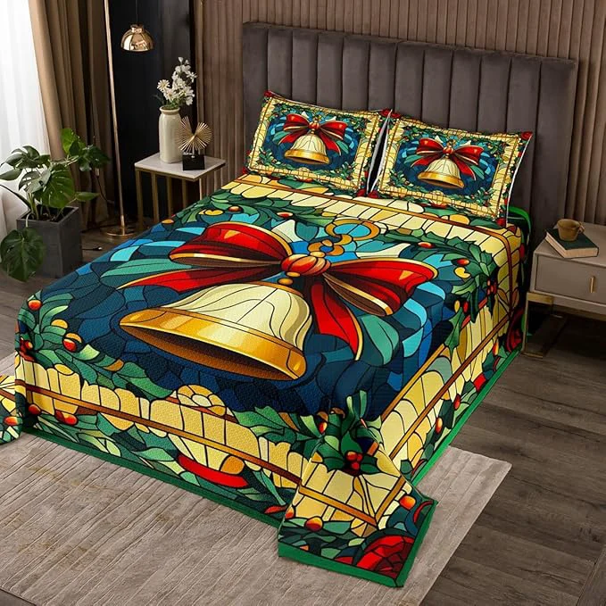 Trendy Christmas Bell Kids Bedspread Queen Size Merry Christmas Bowknot Bow Tie Coverlet Set Boys Girls Room Decor Happy New Year Poinsettia Flower Quilted Coverlet Red Xmas Bedding Quilt 2 Pillowcases Eco-Friendly