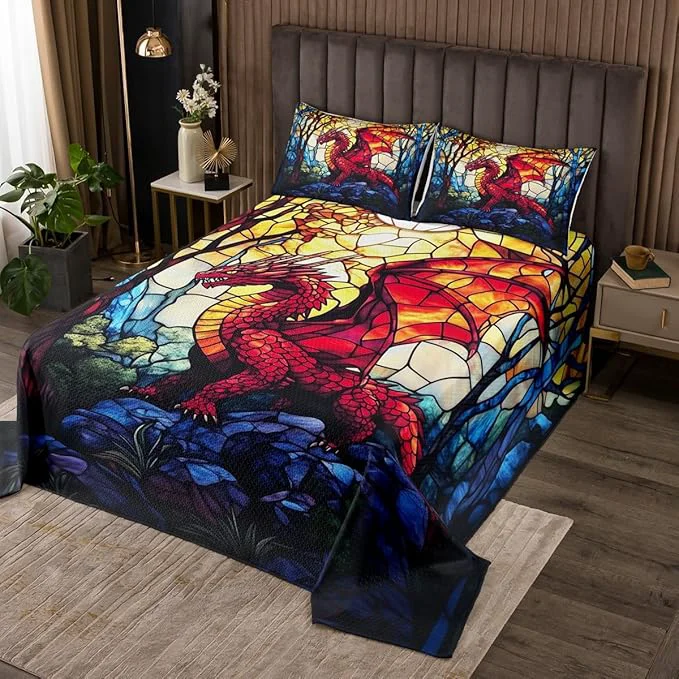 Reliable Western Dragon Kids Bedspread Twin Size Pine Tree Artwork Life Glass Dragon Coverlet Set Boys Girls Room Decor Geometric Patchwork Abstract Quilted Coverlet Red Retro Bedding Quilt 1 Pillowcase Specialty
