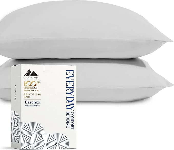 Stylish Mayfair Linen Organic Cotton King Size Pillow Cases Set of 2 – Soft Hotel Quality Covers for King Size Pillows Light Grey GOTS Crisp Cooling Percale Cotton Pillowcases Practical