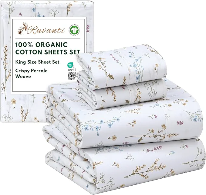 Original Design RUVANTI Organic Cotton Sheets King Size Percale Weave GOTS 4-Piece Set Deep Pocket 15 quot Crisp amp Breathable Soft Durable Bedding Sábanas Algodón Orgánico – Field Flower Carefully Designed