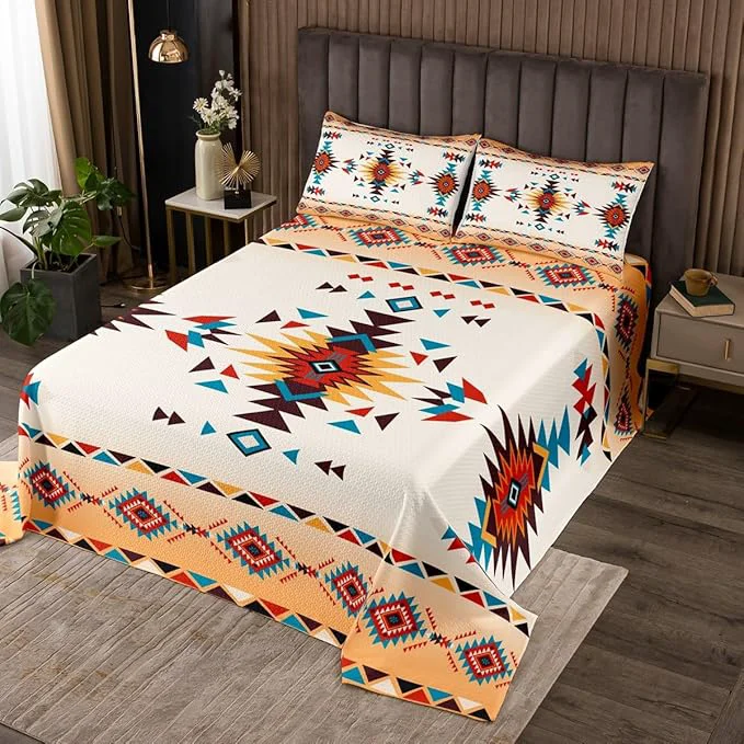 Unique Geometric Aztec Kids Bedspread King Size Western Cowboy Arrow Grid Patchwork Coverlet Set Boys Girls Room Decor Southwest Bohemia Tribal Ethnic Quilted Coverlet Chic Bedding Quilt 2 Pillowcases Innovative
