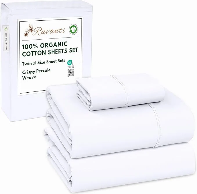 Optimized RUVANTI Organic Cotton Sheets Twin XL Percale Weave GOTS 3-Piece Set Deep Pocket 15 quot Crisp amp Breathable Soft Durable Bedding Sábanas Algodón Orgánico – Bright White High-Quality