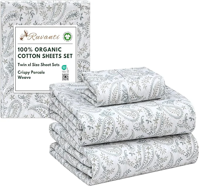 Fine RUVANTI Organic Cotton Sheets Twin XL Percale Weave GOTS 3-Piece Set Deep Pocket 15 quot Crisp amp Breathable Soft Durable Bedding Sábanas Algodón Orgánico – Ornate Oasis High-End