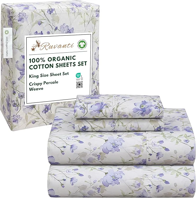 Elite RUVANTI Organic Cotton Sheets King Size Percale Weave GOTS 4-Piece Set Deep Pocket 15 quot Crisp amp Breathable Soft Durable Bedding Sábanas Algodón Orgánico – Heather Eco-Friendly