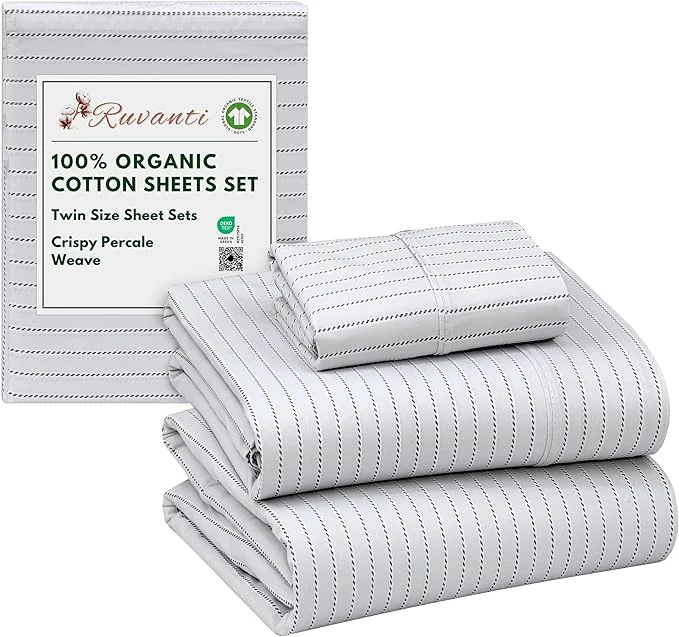 Solid RUVANTI Organic Cotton Sheets Twin Size Percale Weave GOTS 3-Piece Set Deep Pocket 15 quot Crisp amp Breathable Soft Durable Bedding Sábanas Algodón Orgánico – Construction Line Unique