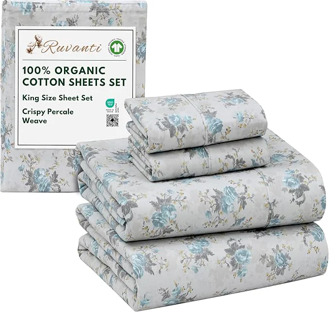 Original Design RUVANTI Organic Cotton Sheets King Size Percale Weave GOTS 4-Piece Set Deep Pocket 15 quot Crisp amp Breathable Soft Durable Bedding Sábanas Algodón Orgánico – Blue Rose Pure