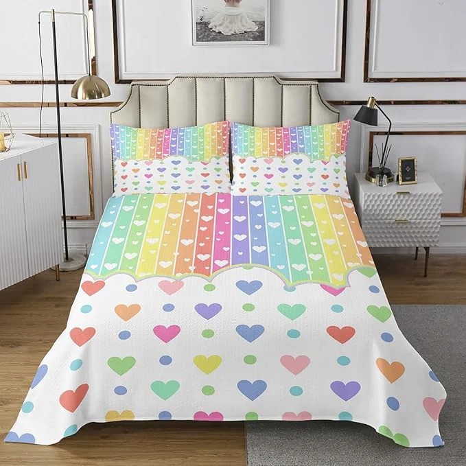 Verified Manfei Cartoon Rainbow Kids Bedspread Twin Size Wave Points Love Heart Dreamy Style Coverlet Set Girls Women Room Decor Colorful Geometric Stripes Quilted Coverlet Chic Bedding Quilt 1 Pillowcase Versatile