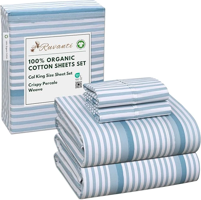 Classic RUVANTI Organic Cotton Sheets California King Percale Weave GOTS 4-Piece Set Deep Pocket 13 quot Crisp amp Breathable Soft Durable Bedding Sábanas Algodón Orgánico – Nautical Stripes Stylish