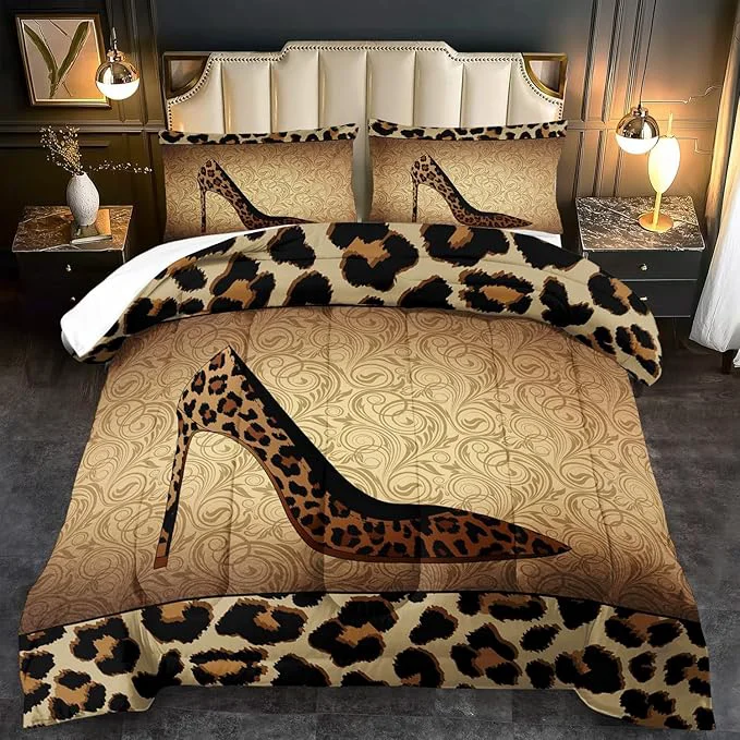 User-Friendly Leopard Comforter Set Queen Girls Sexy High Heel Comforter for Women Leopard Print Bedding Set Queen Adult High Heel Quilt Bedroom Decor African Animal Print Bedding Quilt Recyclable