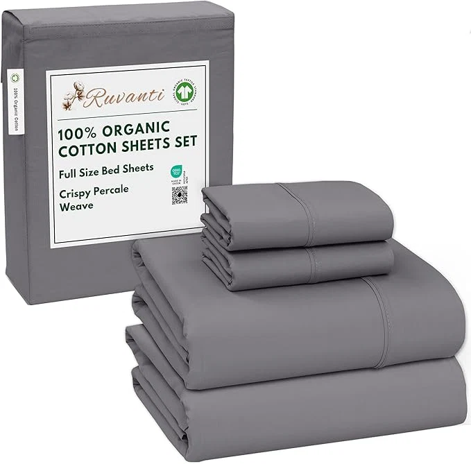 Luxury RUVANTI Organic Cotton Sheets Full Size Percale Weave GOTS 4-Piece Set Deep Pocket 15 quot Crisp amp Breathable Soft Durable Bedding Sábanas Algodón Orgánico – Silver Filigree World-Class