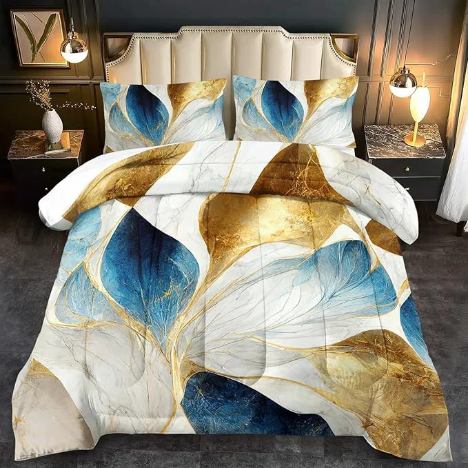 Unique Vintage Floral Comforter Set Queen Size Women Marble Flower Bedding Set Queen Marble Blue Flower Bed Comforter Blue and Gold Floral Quilt Bedroom Decor for Kids and Adults High-Performance