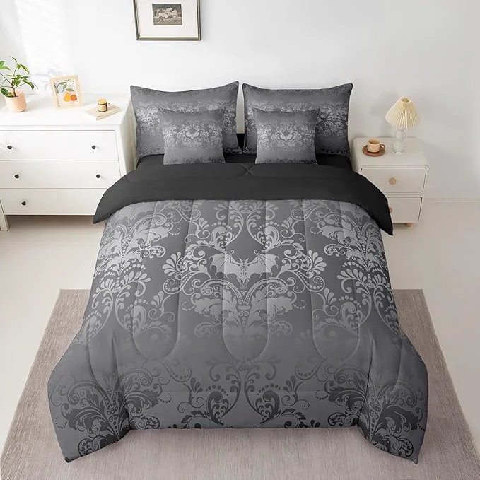 Casual Erosebridal Gothic Damask Comforter Set 7 Piece Bed in a Bag Twin Halloween Bat Bedding Sets Silver Gray Victorian Floral Goth Sheet Set with Comforter Superior